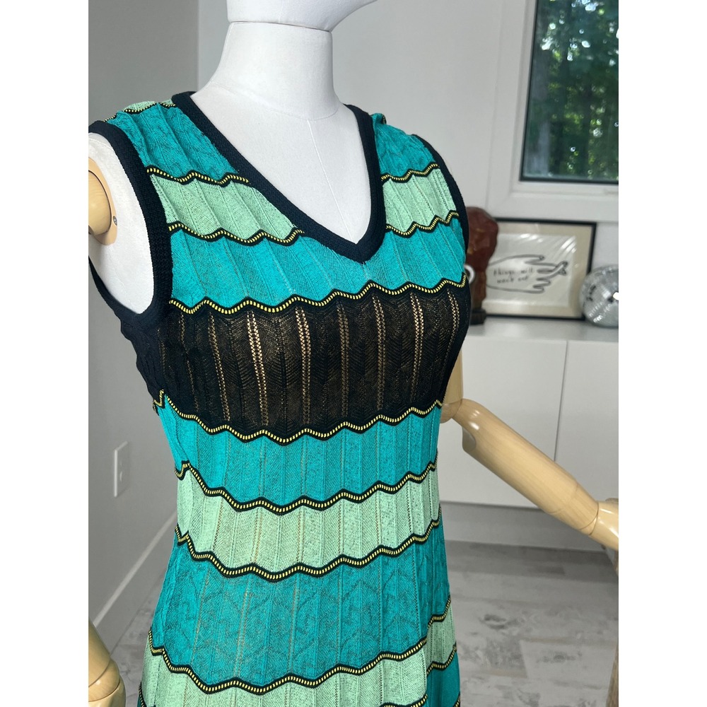 M Missoni Teal Green Black Zigzag Knit V-Neck Sleeveless Midi Dress IT 40 - Picture 4 of 8